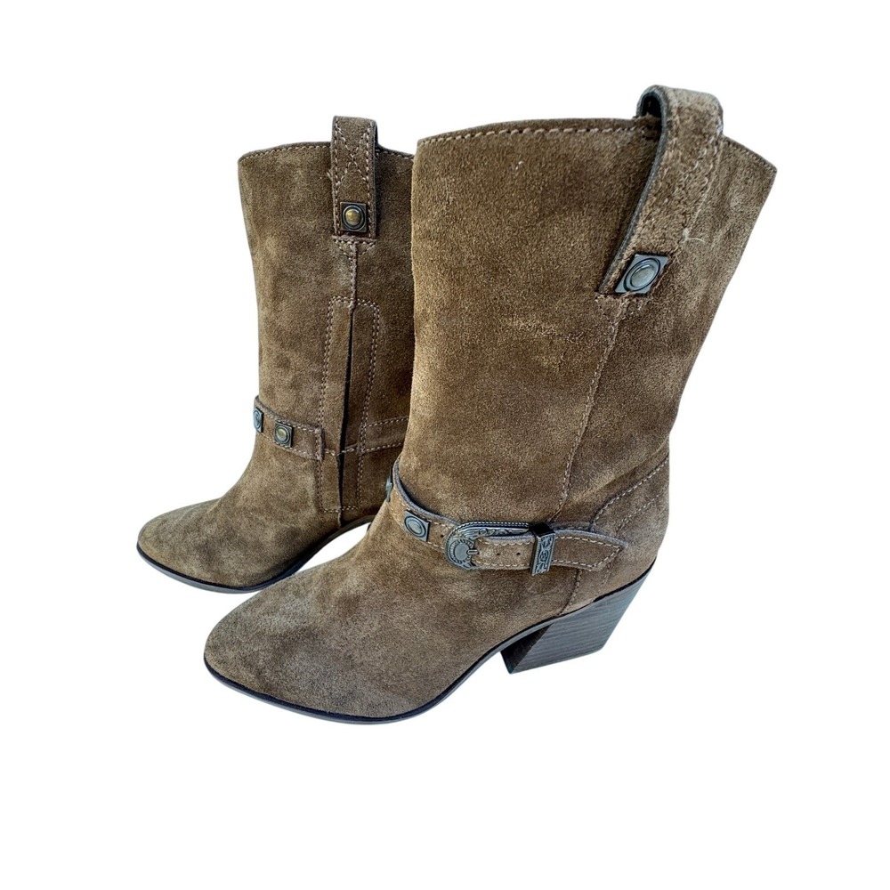 Lucky Sogn Suede Western Boots Women's 7 ‎ Brown Studded Buckle Mid-Calf